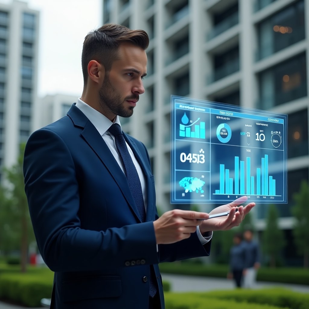 Ultra-realistic condominium manager in a navy blue suit, set in a modern luxury condominium environment with high-rise buildings and green landscaping, reviewing a transparent holographic financial dashboard displaying bar charts, pie graphs and cash-flow gauges, floating icons for revenue, expenses, reserve fund and delinquency, confident and focused expression, cinematic lighting, shallow depth of field, highly detailed textures, realistic skin, photographic realism, 8k resolution --ar 1:1 --v 6