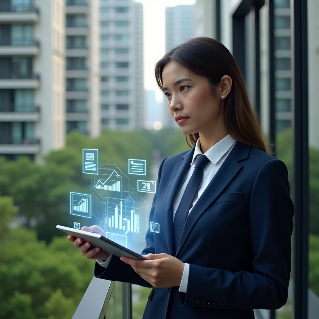 (Ultra-realistic condominium manager in a navy executive suit, set in a modern luxury condominium environment with high-rise buildings and lush green landscaping, holding a tablet displaying a holographic condominium management app interface with floating icons of invoices, bar charts and chat bubbles, confident and focused expression, cinematic lighting, shallow depth of field, highly detailed textures, realistic skin, photographic realism, 8k resolution --ar 1:1 --v 6)