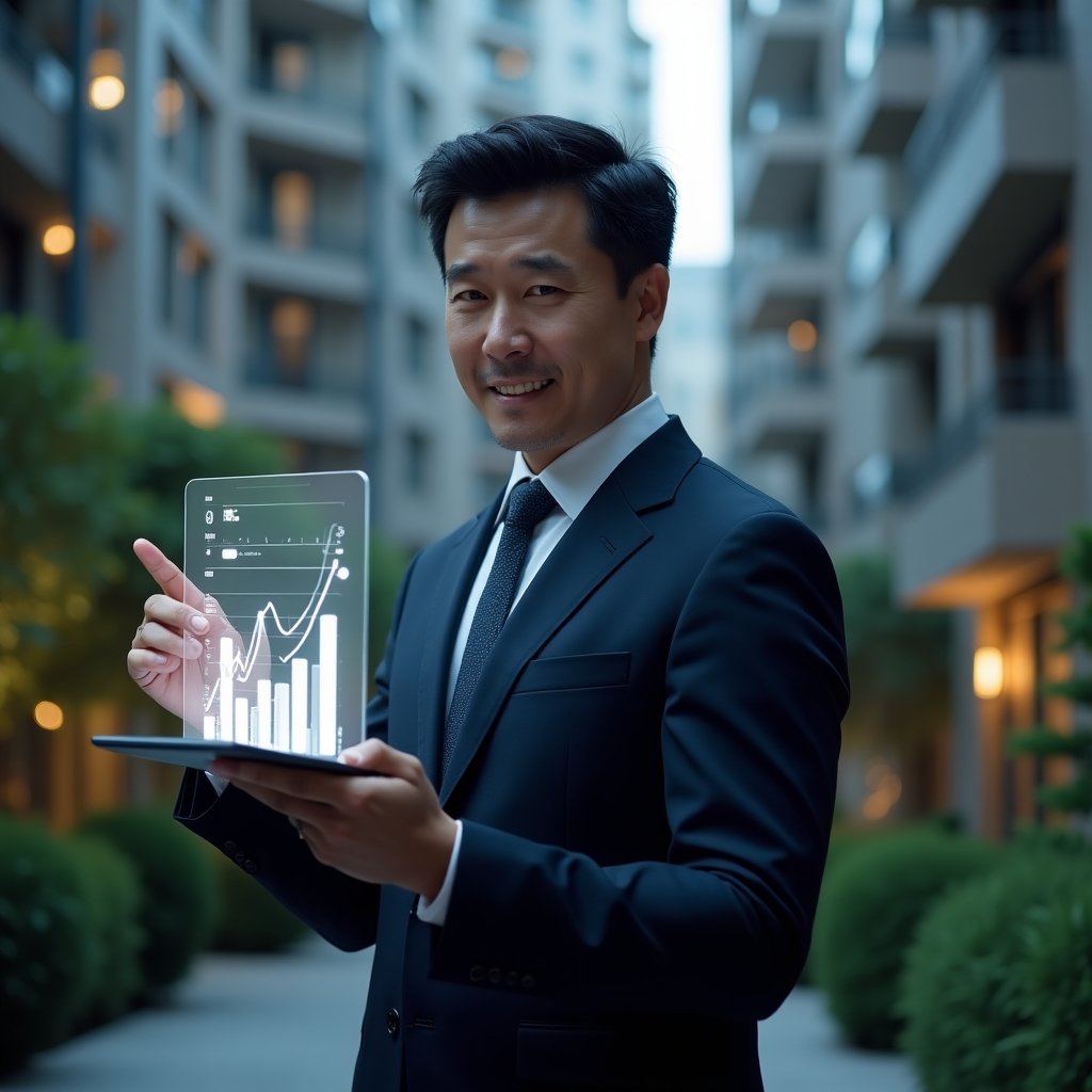 Ultra-realistic condominium manager in a dark navy suit, set in a modern luxury condominium environment with high-rise buildings and green landscaping, holding a transparent tablet displaying holographic financial charts and confidently pointing at a glowing bar graph, cinematic lighting, shallow depth of field, highly detailed textures, realistic skin, photographic realism, 8k resolution --ar 1:1 --v 6