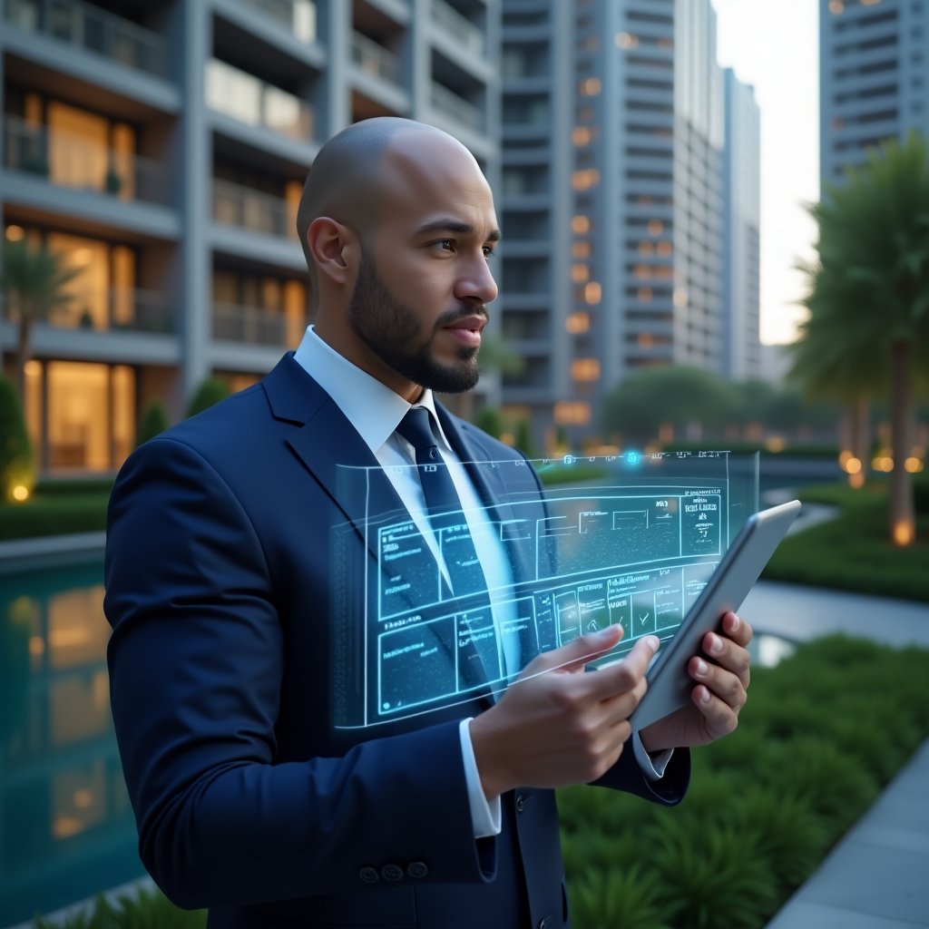 Ultra-realistic condominium manager in a navy blue executive suit, set in a modern luxury condominium environment with high-rise buildings and green landscaping, holding and reviewing a glowing holographic activity schedule with checkmarks and timeline icons, confident and focused expression, cinematic lighting, shallow depth of field, highly detailed textures, realistic skin, photographic realism, 8k resolution --ar 1:1 --v 6