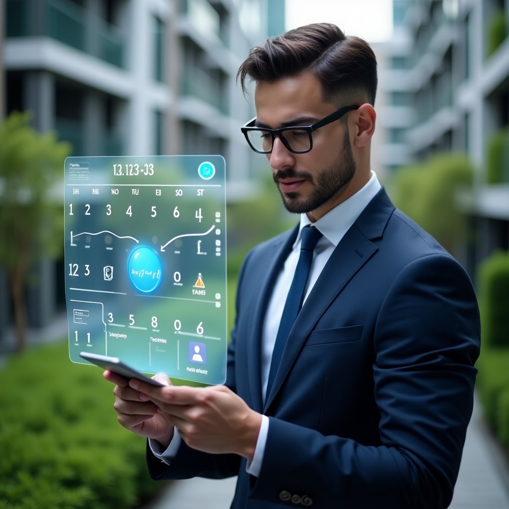 (Ultra-realistic condominium manager in a navy suit, set in a modern luxury condominium environment with high-rise buildings and lush green landscaping, mid-shot close-up, confident executive analyzing a holographic digital calendar with floating alert icons and schedule tasks, cinematic lighting, shallow depth of field, highly detailed textures, realistic skin, photographic realism, 8k resolution --ar 1:1 --v 6)