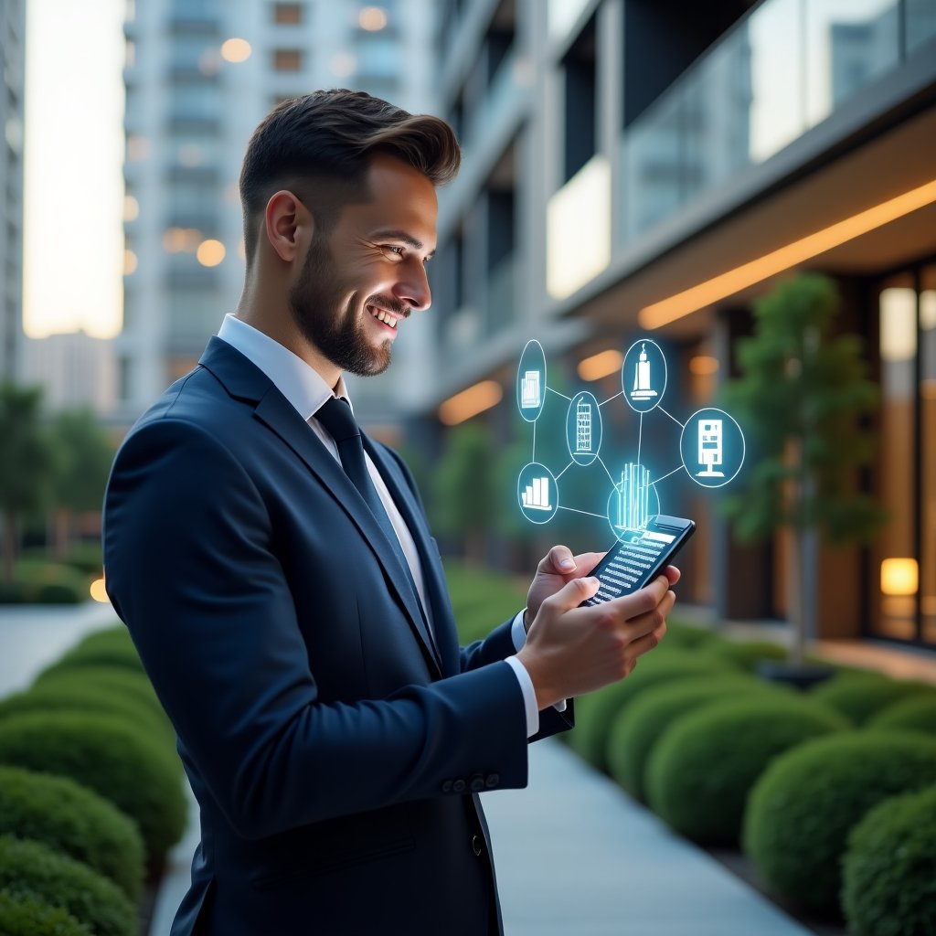 (Ultra-realistic condominium manager in a tailored navy suit, set in a modern luxury condominium environment with high-rise buildings and manicured green landscaping, holding a smartphone displaying a holographic aplicativo para condomínio interface with floating icons for finance, reservations and maintenance, confidently smiling as they interact with digital charts and building symbols, cinematic lighting, shallow depth of field, highly detailed textures, realistic skin, photographic realism, 8k resolution --ar 1:1 --v 6)