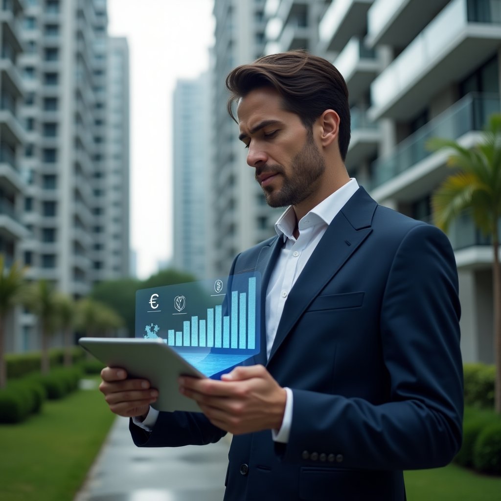 (Ultra-realistic condominium manager in a navy executive suit, set in a modern luxury condominium environment with high-rise buildings and manicured green landscaping, holding a tablet displaying a holographic financial chart and app interface, confidently analyzing data to reduce delinquency, subtle floating icons of currency symbols and a smartphone screen projection, cinematic lighting, shallow depth of field, highly detailed textures, realistic skin, photographic realism, 8k resolution --ar 1:1 --v 6)