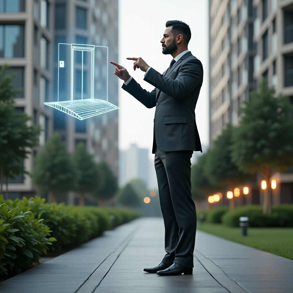 (Ultra-realistic condominium manager in a charcoal gray suit, set in a modern luxury condominium environment with high-rise buildings and manicured green landscaping, confidently pointing at a floating holographic ramp and elevator icon symbolizing accessibility, a subtle tactile floor pattern visible in the foreground, cinematic lighting, shallow depth of field, highly detailed textures, realistic skin, photographic realism, 8k resolution --ar 1:1 --v 6)