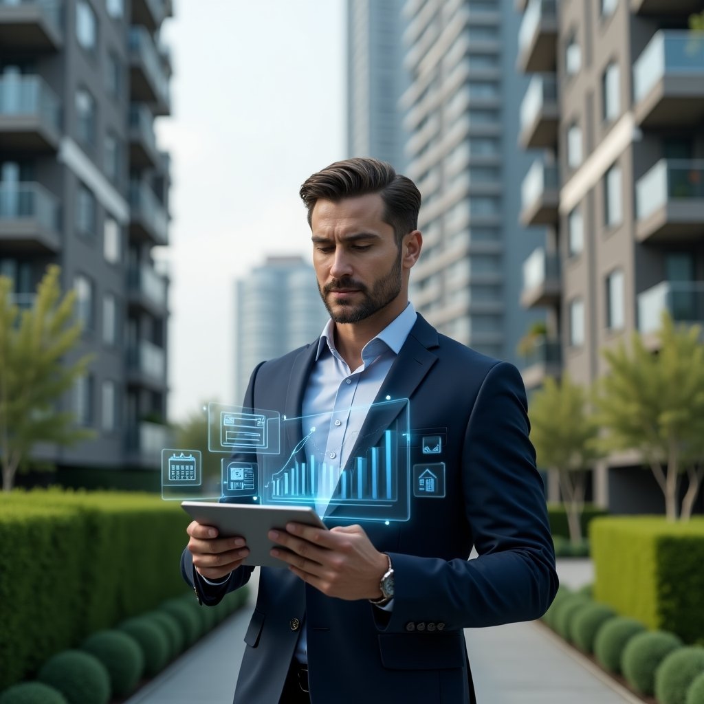 (Ultra-realistic condominium manager in a tailored navy blue suit, set in a modern luxury condominium environment with high-rise buildings and manicured green landscaping, holding a digital tablet and analyzing holographic graphs, calendar and finance icons symbolizing automated billing and maintenance planning, confident and focused expression, cinematic lighting, shallow depth of field, highly detailed textures, realistic skin, photographic realism, 8k resolution --ar 1:1 --v 6)