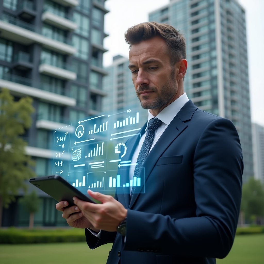 Ultra-realistic condominium manager in a navy tailored suit, set in a modern luxury condominium environment with high-rise buildings and green landscaping, mid shot of manager standing and reviewing a holographic checklist projected from a tablet, floating task icons and financial graphs around, confident and focused expression, cinematic lighting, shallow depth of field, highly detailed textures, realistic skin, photographic realism, 8k resolution --ar 1:1 --v 6