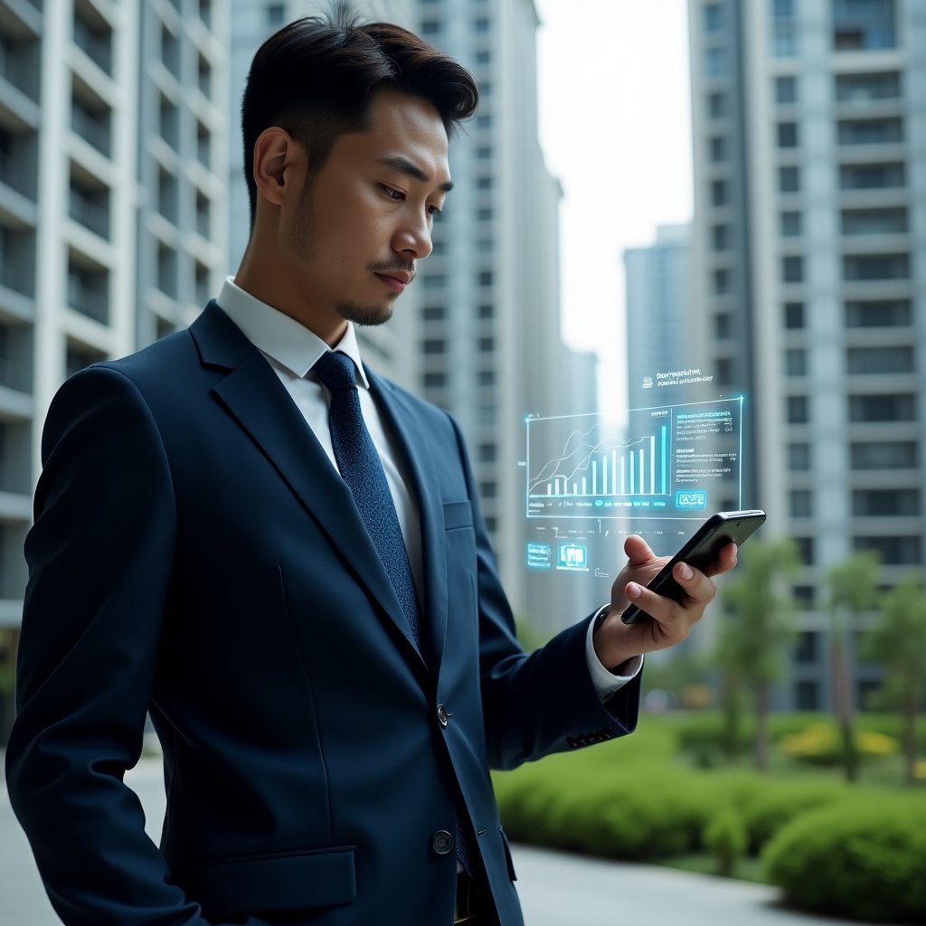 Ultra-realistic condo manager in a navy executive suit, set in a modern luxury condominium environment with high-rise buildings and manicured green landscaping, holding a smartphone displaying a holographic condominium management interface, confidently reviewing glowing digital charts and icons for scheduling, finance and maintenance, cinematic lighting, shallow depth of field, highly detailed textures, realistic skin, photographic realism, 8k resolution --ar 1:1 --v 6