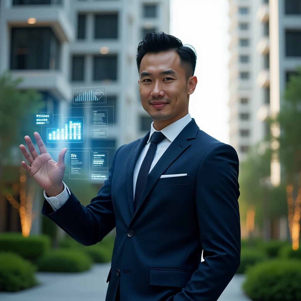 (Ultra-realistic condominium manager in a navy suit, set in a modern luxury condominium environment with high-rise buildings and well-manicured green landscaping, holding a holographic touchscreen interface displaying financial charts, chat bubbles and calendar icons, confident and focused expression, cinematic lighting, shallow depth of field, highly detailed textures, realistic skin, photographic realism, 8k resolution --ar 1:1 --v 6)