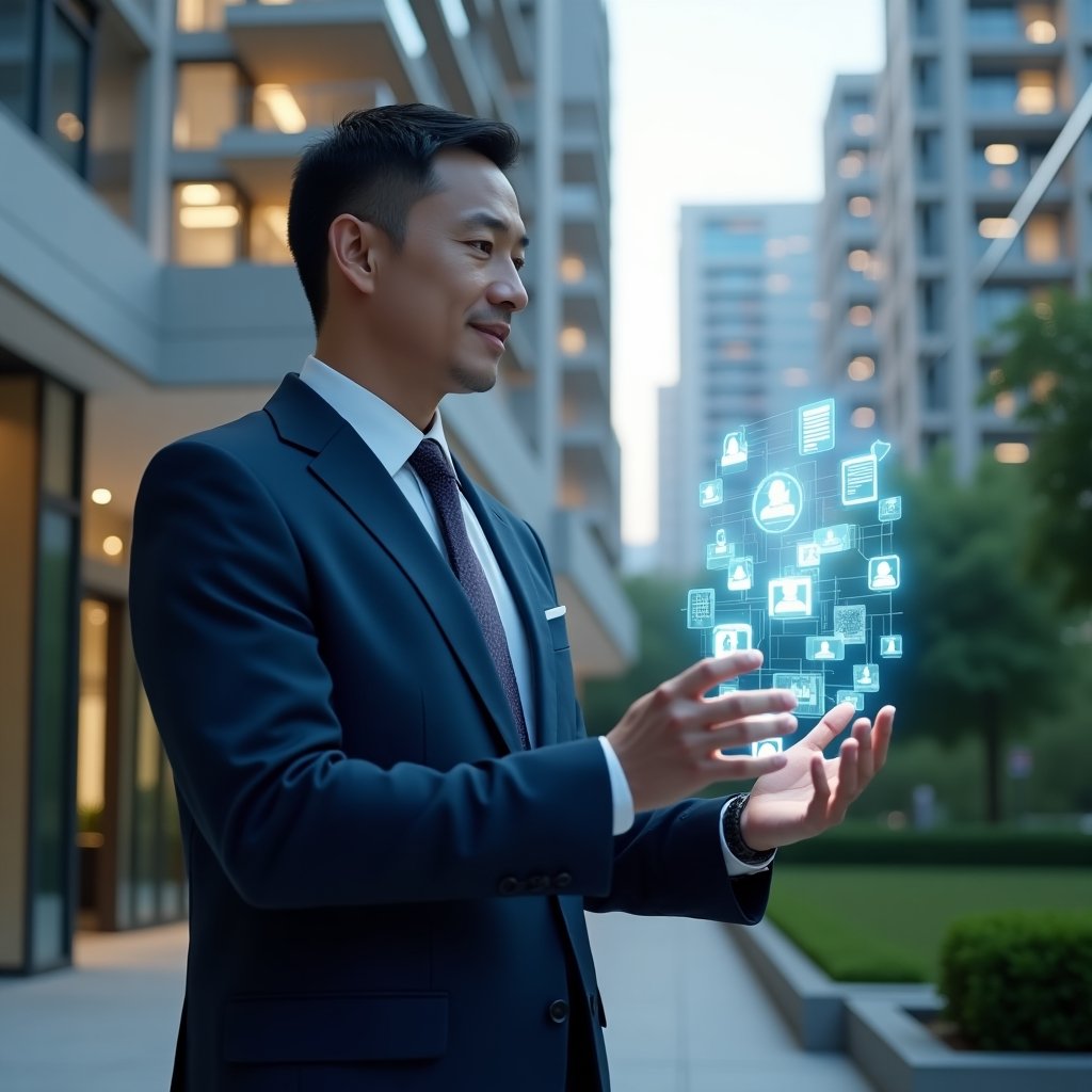 Ultra-realistic condominium manager in a navy blue suit, set in a modern luxury condominium environment with high-rise buildings and lush green landscaping, confidently analyzing a holographic interface with floating notification and document icons representing internal communication, cinematic lighting, shallow depth of field, highly detailed textures, realistic skin, photographic realism, 8k resolution --ar 1:1 --v 6