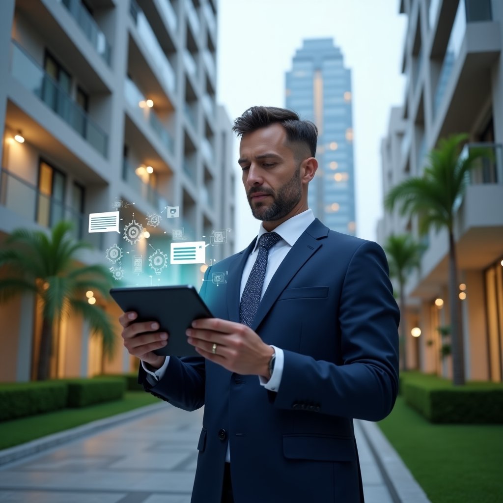 (Ultra-realistic condominium manager in a navy blue tailored suit, set in a modern luxury condominium environment with high-rise buildings and manicured green landscaping, holding a tablet and interacting with floating holographic icons of gears, chat bubbles, and financial charts, confident and focused expression, cinematic lighting, shallow depth of field, highly detailed textures, realistic skin, photographic realism, 8k resolution --ar 1:1 --v 6)