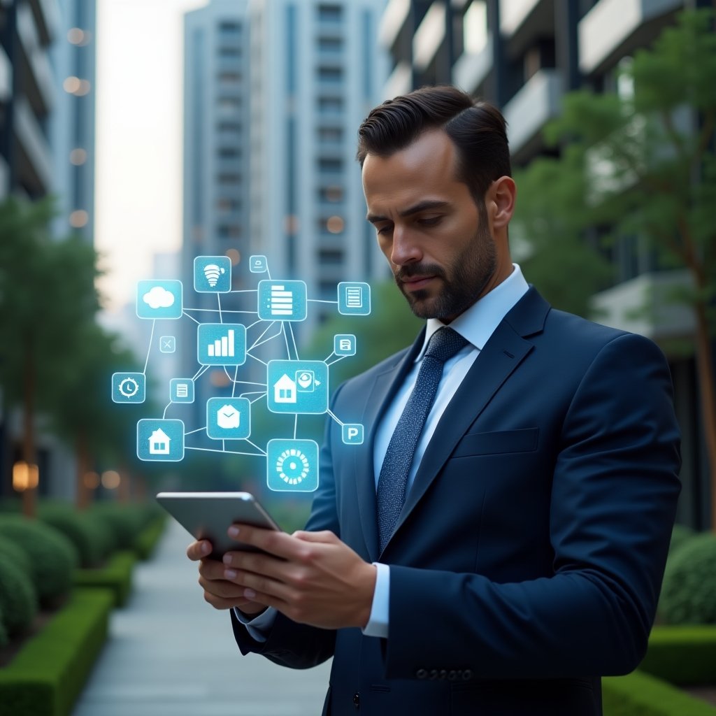 (Ultra-realistic condominium manager in a tailored navy-blue suit, set in a modern luxury condominium environment with high-rise buildings and lush green landscaping, analyzing a holographic apartment management interface projected from a sleek tablet, floating icons of chat bubbles, checklists and bar graphs symbolizing optimized tasks, transparency and communication, confident and engaged expression, cinematic lighting, shallow depth of field, highly detailed textures, realistic skin, photographic realism, 8k resolution --ar 1:1 --v 6)