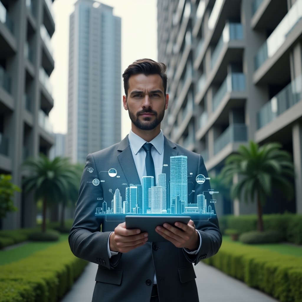 (Ultra-realistic condominium manager in a charcoal gray executive suit, set in a modern luxury condominium environment with high-rise buildings and manicured green landscaping, holding a tablet displaying holographic building icons, charts and notifications, confidently analyzing a 3D holographic condominium map, cinematic lighting, shallow depth of field, highly detailed textures, realistic skin, photographic realism, 8k resolution --ar 1:1 --v 6)