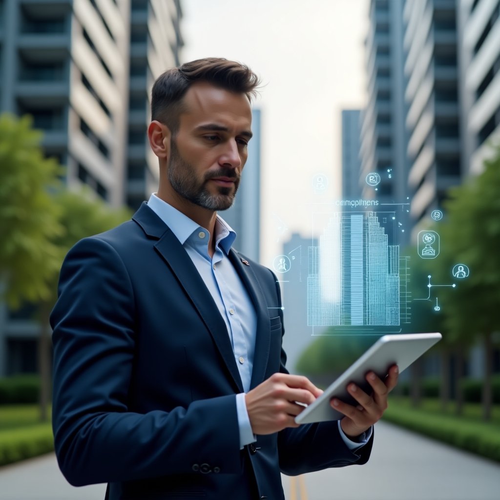 (Ultra-realistic condominium manager in a tailored navy blue suit, set in a modern luxury condominium environment with high-rise buildings and manicured green landscaping, holding a tablet displaying holographic building floor plans and data charts, confidently interacting with floating app icons representing streamlined processes, cinematic lighting, shallow depth of field, highly detailed textures, realistic skin, photographic realism, 8k resolution --ar 1:1 --v 6)