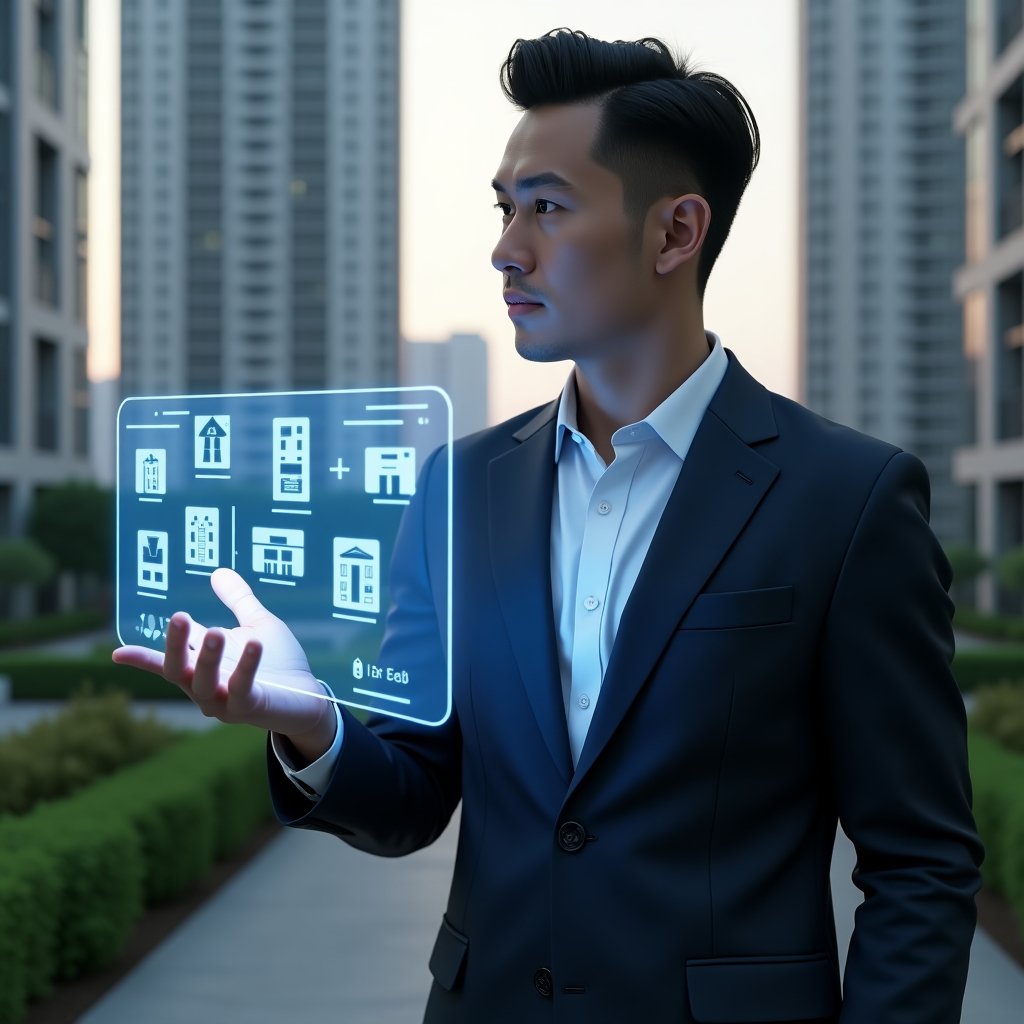 (Ultra-realistic condominium manager in a tailored navy suit, set in a modern luxury condominium environment with high-rise buildings and manicured green landscaping, interacting with a glowing blue holographic control panel displaying building automation icons, confident and focused expression, cinematic lighting, shallow depth of field, highly detailed textures, realistic skin, photographic realism, 8k resolution --ar 1:1 --v 6)