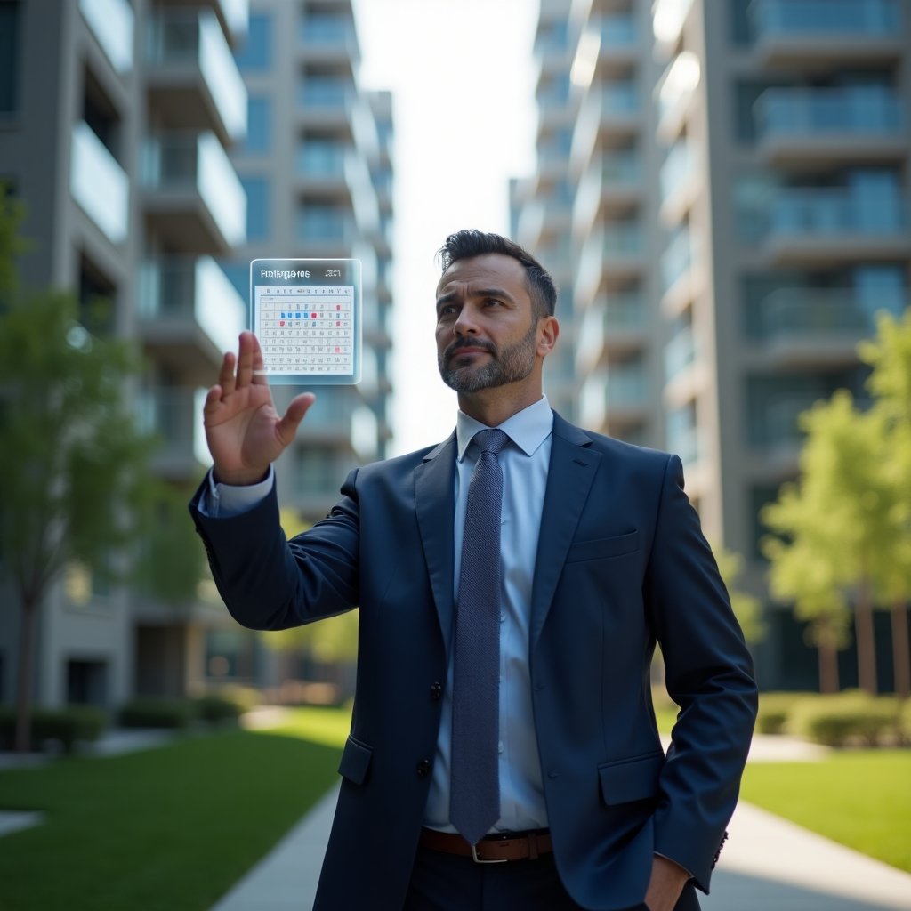 (Ultra-realistic corporate property manager in a navy suit, set in a modern luxury condominium environment with high-rise buildings and manicured green landscaping, interacting with a floating holographic maintenance schedule, holographic calendar icons highlighting tasks, confident and focused expression, cinematic lighting, shallow depth of field, highly detailed textures, realistic skin, photographic realism, 8k resolution --ar 1:1 --v 6)