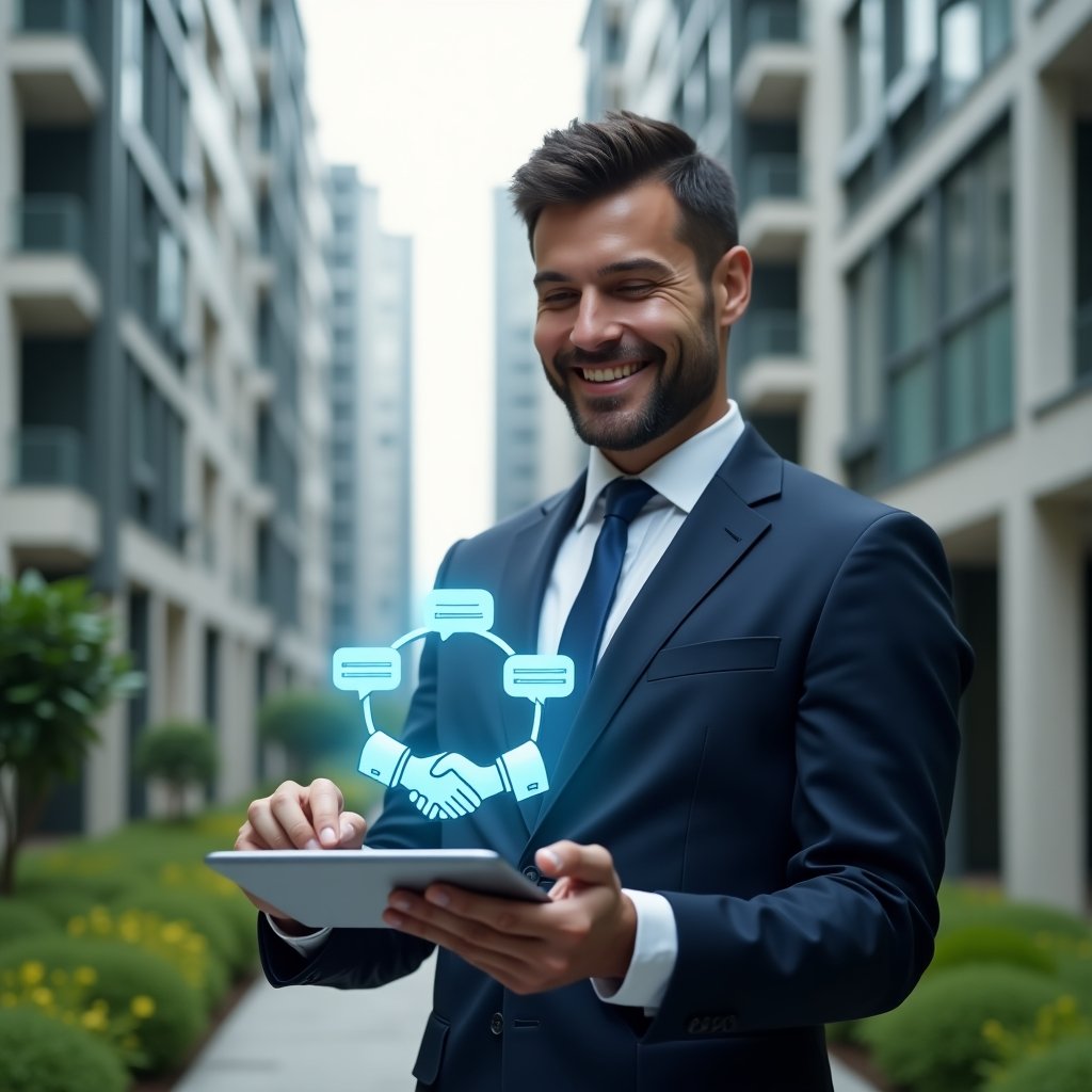 (Ultra-realistic condominium manager in a navy suit, set in a modern luxury condominium environment with high-rise buildings and green landscaping, reviewing a holographic checklist of community rules on a transparent tablet while smiling confidently, floating icons of speech bubbles and handshake symbolizing harmony, cinematic lighting, shallow depth of field, highly detailed textures, realistic skin, photographic realism, 8k resolution --ar 1:1 --v 6)