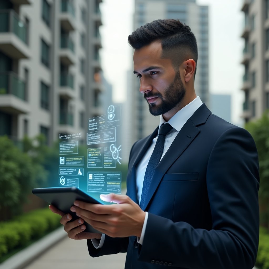 (Ultra-realistic condominium manager in a navy suit, set in a modern luxury condominium environment with high-rise buildings and lush green landscaping, holding a digital tablet displaying a holographic checklist, floating icons of tasks and schedules around the screen, examining the schedule with a confident, focused expression, cinematic lighting, shallow depth of field, highly detailed textures, realistic skin, photographic realism, 8k resolution --ar 1:1 --v 6)