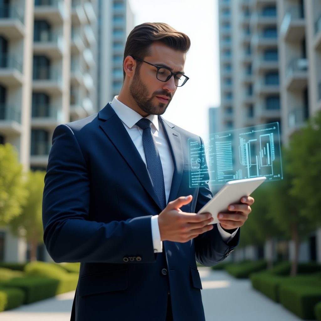 (Ultra-realistic condominium property manager in a navy blue executive suit, set in a modern luxury condominium environment with high-rise buildings and manicured greenery, close-up of a confident professional reviewing a digital checklist on a transparent tablet with floating holographic financial charts, cinematic lighting, shallow depth of field, highly detailed textures, realistic skin, photographic realism, 8k resolution --ar 1:1 --v 6)