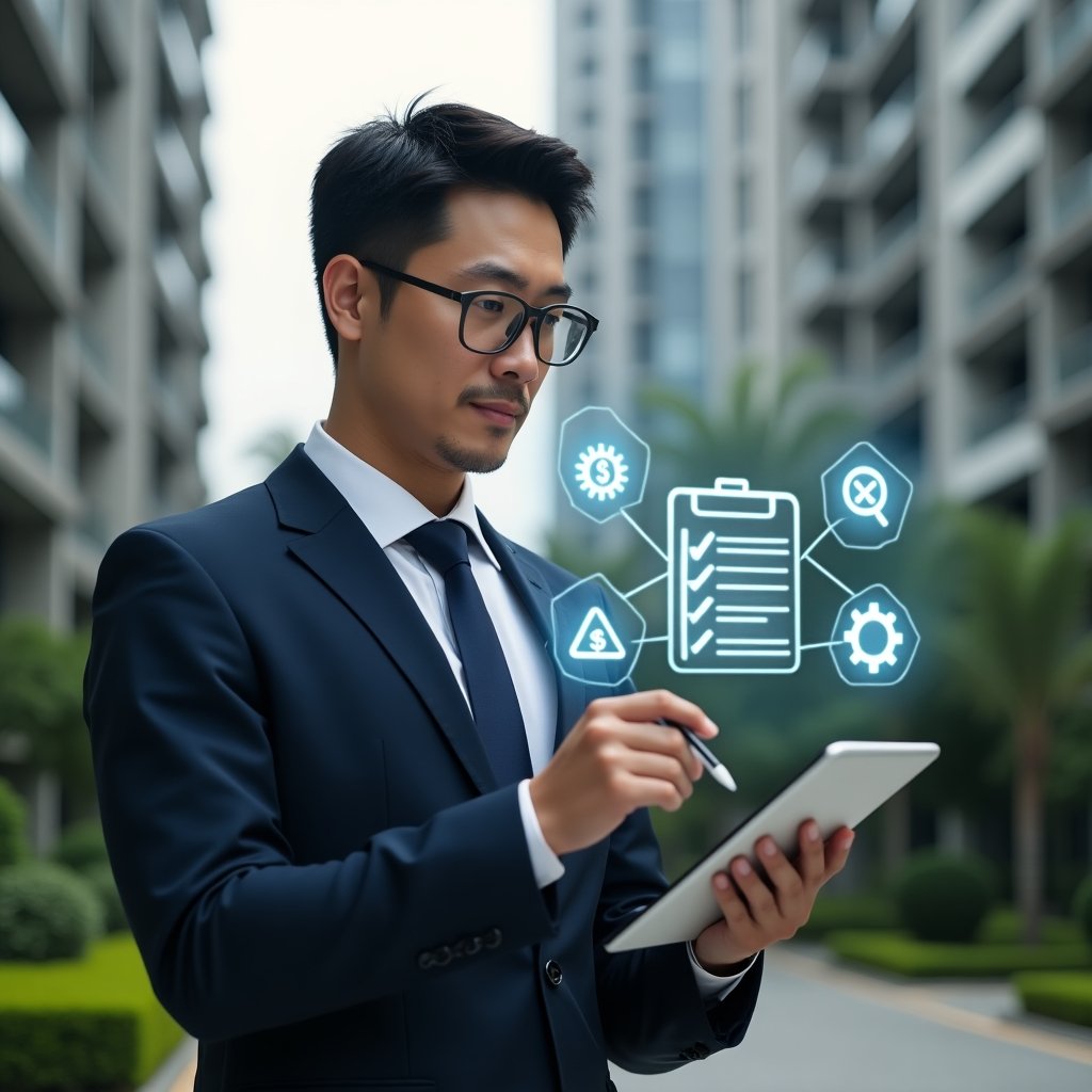 (Ultra-realistic condominium manager in a tailored navy suit, set in a modern luxury condominium environment with high-rise buildings and lush green landscaping, holding a tablet displaying a holographic checklist and stylus poised to tap, floating checklist icons and gear symbols around, confident and focused expression, cinematic lighting, shallow depth of field, highly detailed textures, realistic skin, photographic realism, 8k resolution --ar 1:1 --v 6)