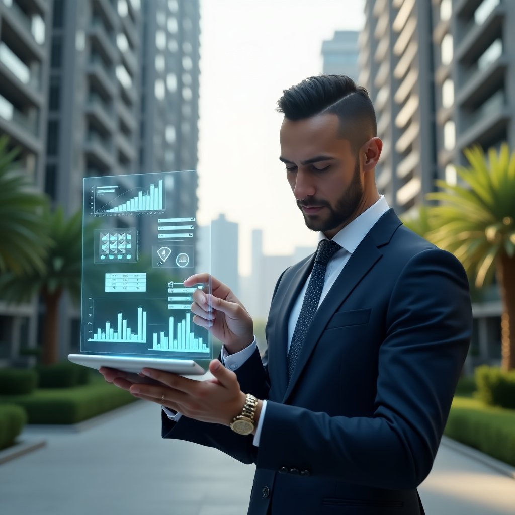Ultra-realistic condominium manager in a navy tailored suit, set in a modern luxury condominium environment with high-rise buildings and green landscaping, confidently reviewing a transparent digital tablet displaying holographic financial charts and expense reports, pointing at floating ledger icons, cinematic lighting, shallow depth of field, highly detailed textures, realistic skin, photographic realism, 8k resolution --ar 1:1 --v 6