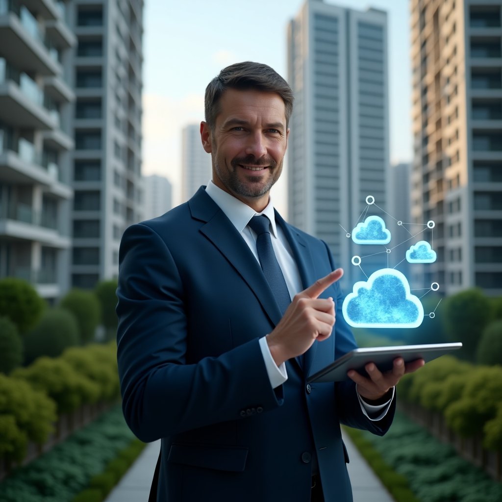 (Ultra-realistic condominium manager in a tailored navy suit, set in a modern luxury condominium environment with high-rise buildings and lush green landscaping, holding a digital tablet displaying a holographic cloud network, confidently pointing at the floating cloud icons, symbolizing cloud-based management, cinematic lighting, shallow depth of field, highly detailed textures, realistic skin, photographic realism, 8k resolution --ar 1:1 --v 6)