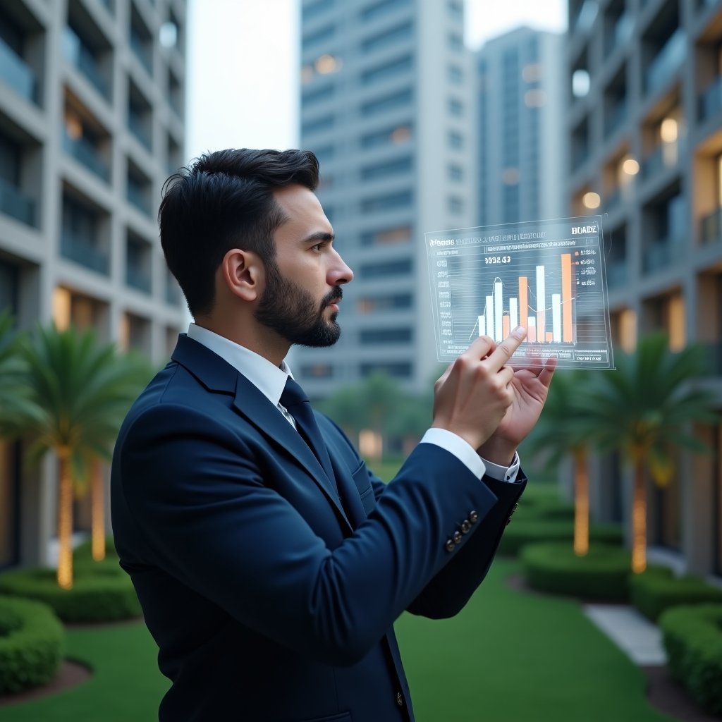 Ultra-realistic medium shot of a condominium manager in a tailored navy suit, set in a modern luxury condominium environment with high-rise buildings and lush green landscaping, analyzing a floating holographic budget chart with maintenance icons and expense bars, conveying focused confidence and strategic planning, cinematic lighting, shallow depth of field, highly detailed textures, realistic skin, photographic realism, 8k resolution --ar 1:1 --v 6