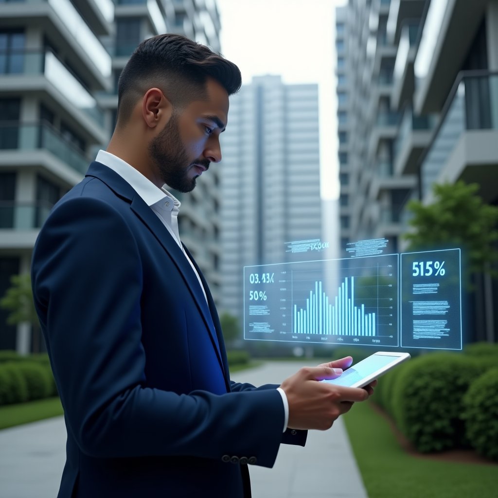 (Ultra-realistic condominium manager in a navy blue suit, set in a modern luxury condominium environment with high-rise buildings and green landscaping, medium shot of them analyzing a holographic budget chart projected from a tablet, floating expense icons and graphs symbolizing cost control, confident and focused expression, cinematic lighting, shallow depth of field, highly detailed textures, realistic skin, photographic realism, 8k resolution --ar 1:1 --v 6)