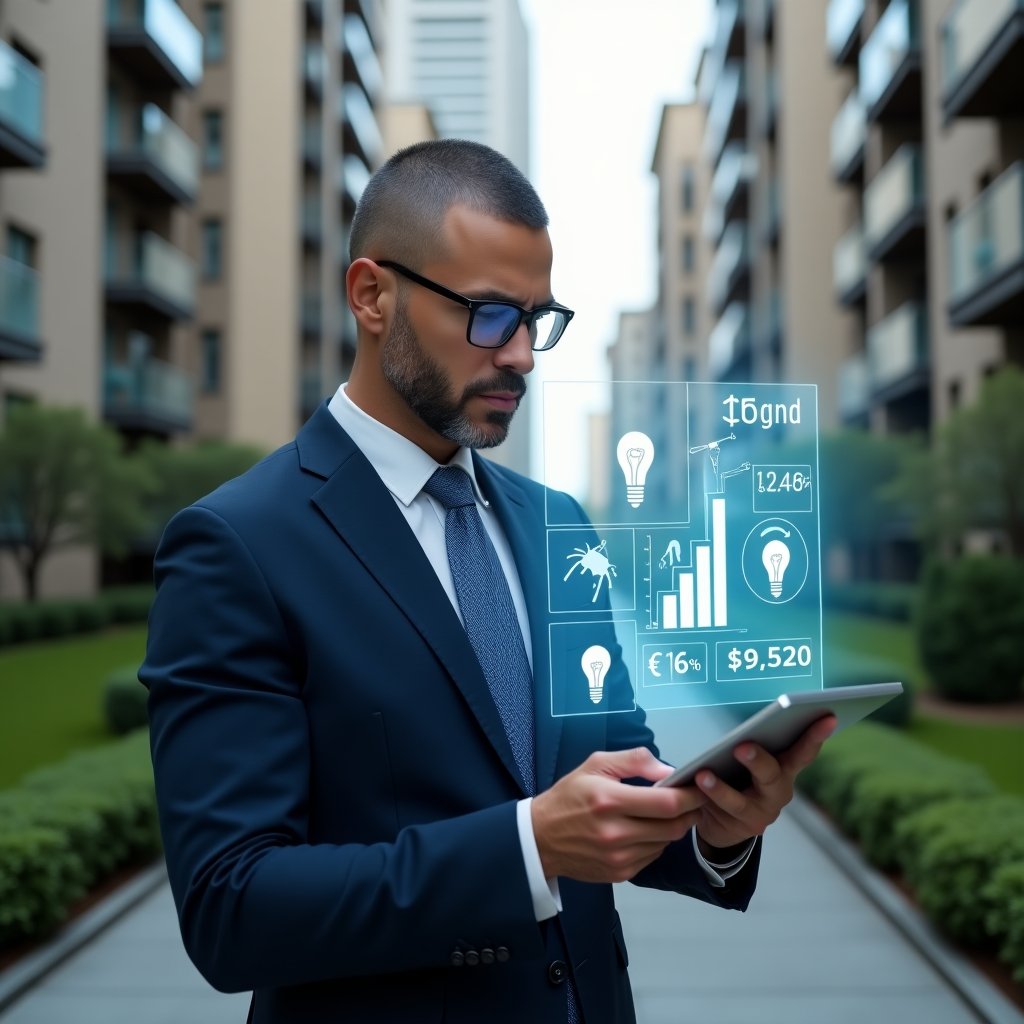 (Ultra-realistic property manager in a tailored navy suit, set in a modern luxury condominium environment with high-rise buildings and manicured green landscaping, mid shot of the manager confidently reviewing holographic cost-reduction charts on a transparent tablet, floating icons of light bulbs, maintenance tools, and dollar signs symbolizing savings, cinematic lighting, shallow depth of field, highly detailed textures, realistic skin, photographic realism, 8k resolution --ar 1:1 --v 6)