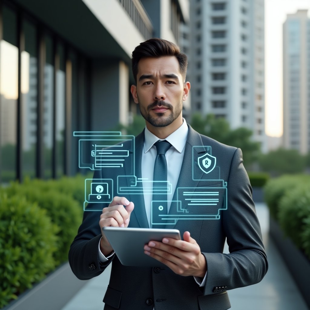 (Ultra-realistic condominium manager in a charcoal gray suit, set in a modern luxury condominium environment with high-rise buildings and lush green landscaping, holding a tablet projecting a holographic interface of chat bubbles, financial charts, calendar reservations, security shields and maintenance tools, confident and focused expression, cinematic lighting, shallow depth of field, highly detailed textures, realistic skin, photographic realism, 8k resolution --ar 1:1 --v 6)