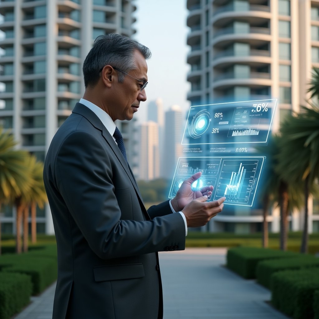 Ultra-realistic condo manager in a charcoal gray suit, set in a modern luxury condominium environment with high-rise buildings and manicured green landscaping, standing mid-frame analyzing a holographic financial dashboard with floating cost-reduction icons and budget charts, confident and focused expression, cinematic lighting, shallow depth of field, highly detailed textures, realistic skin, photographic realism, 8k resolution --ar 1:1 --v 6