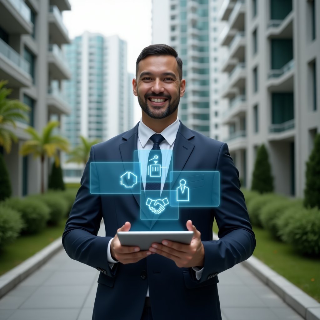 (Ultra-realistic condominium manager in a navy suit, set in a modern luxury condominium environment with high-rise buildings and lush green landscaping, smiling confidently while holding a tablet that projects holographic icons of chat bubbles, rulebook and handshake to symbolize clear rules and mediation channels, cinematic lighting, shallow depth of field, highly detailed textures, realistic skin, photographic realism, 8k resolution --ar 1:1 --v 6)