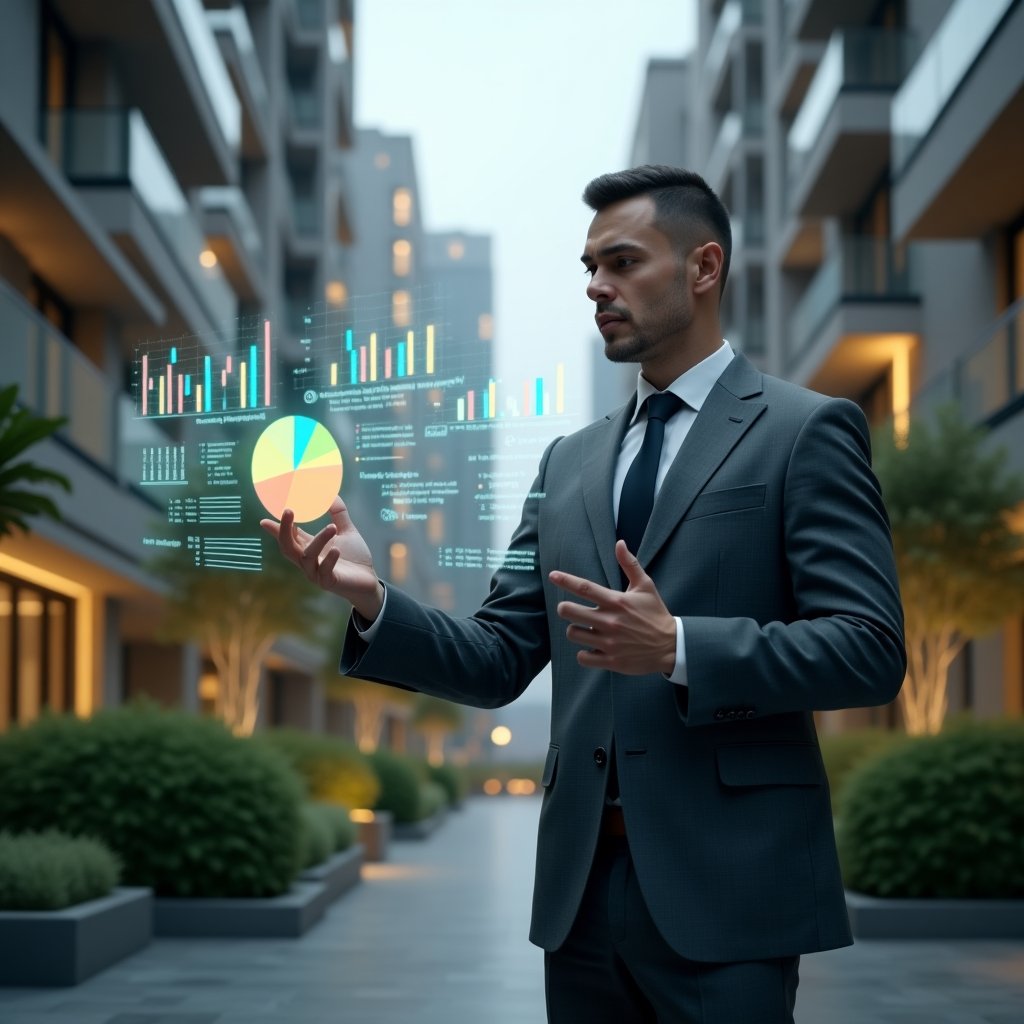(Ultra-realistic condominium manager in a charcoal gray executive suit, set in a modern luxury condominium environment with high-rise buildings and lush green landscaping, standing in a medium shot while reviewing floating holographic financial charts and graphs representing five key indicators, a glowing pie chart icon and bar graph projections hovering beside them, cinematic lighting, shallow depth of field, highly detailed textures, realistic skin, photographic realism, 8k resolution --ar 1:1 --v 6)