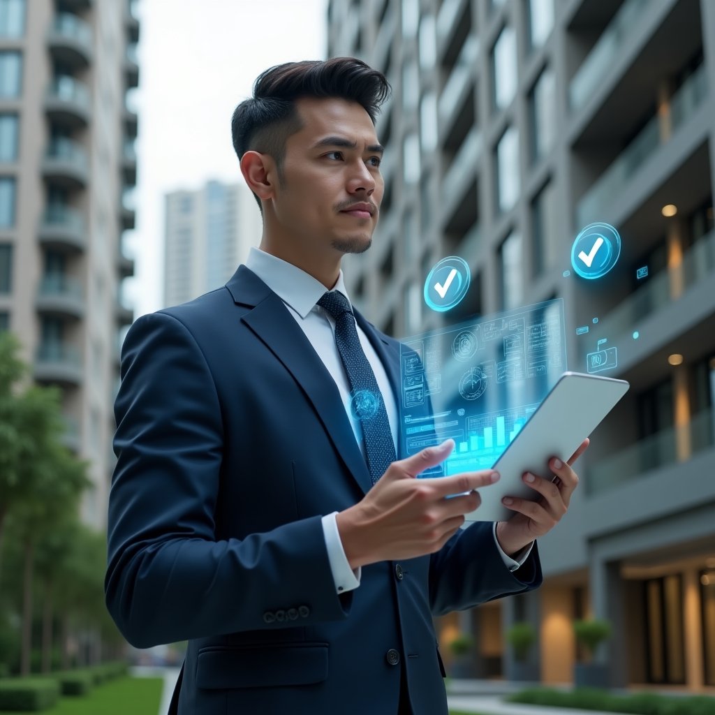 Ultra-realistic condominium manager in a dark blue tailored suit, set in a modern luxury condominium environment with high-rise buildings and manicured gardens, confidently reviewing floating holographic financial charts and checkmark icons, cinematic lighting, shallow depth of field, highly detailed textures, realistic skin, photographic realism, 8k resolution --ar 1:1 --v 6