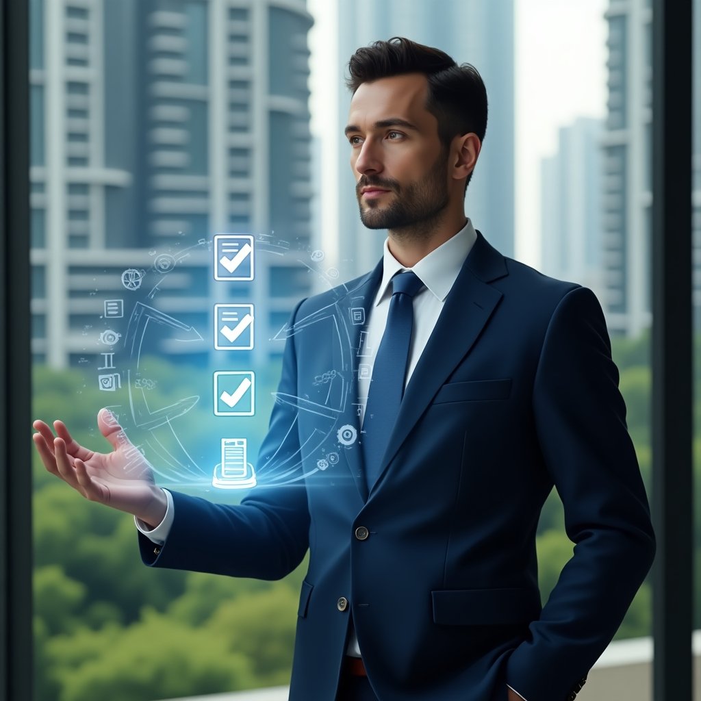 Ultra-realistic condominium manager in a navy blue executive suit, set in a modern luxury condominium environment with high-rise buildings and green landscaping, standing confidently while interacting with a floating holographic interface displaying five check-marked steps, glowing icons of documents and gears around the interface, cinematic lighting, shallow depth of field, highly detailed textures, realistic skin, photographic realism, 8k resolution --ar 1:1 --v 6