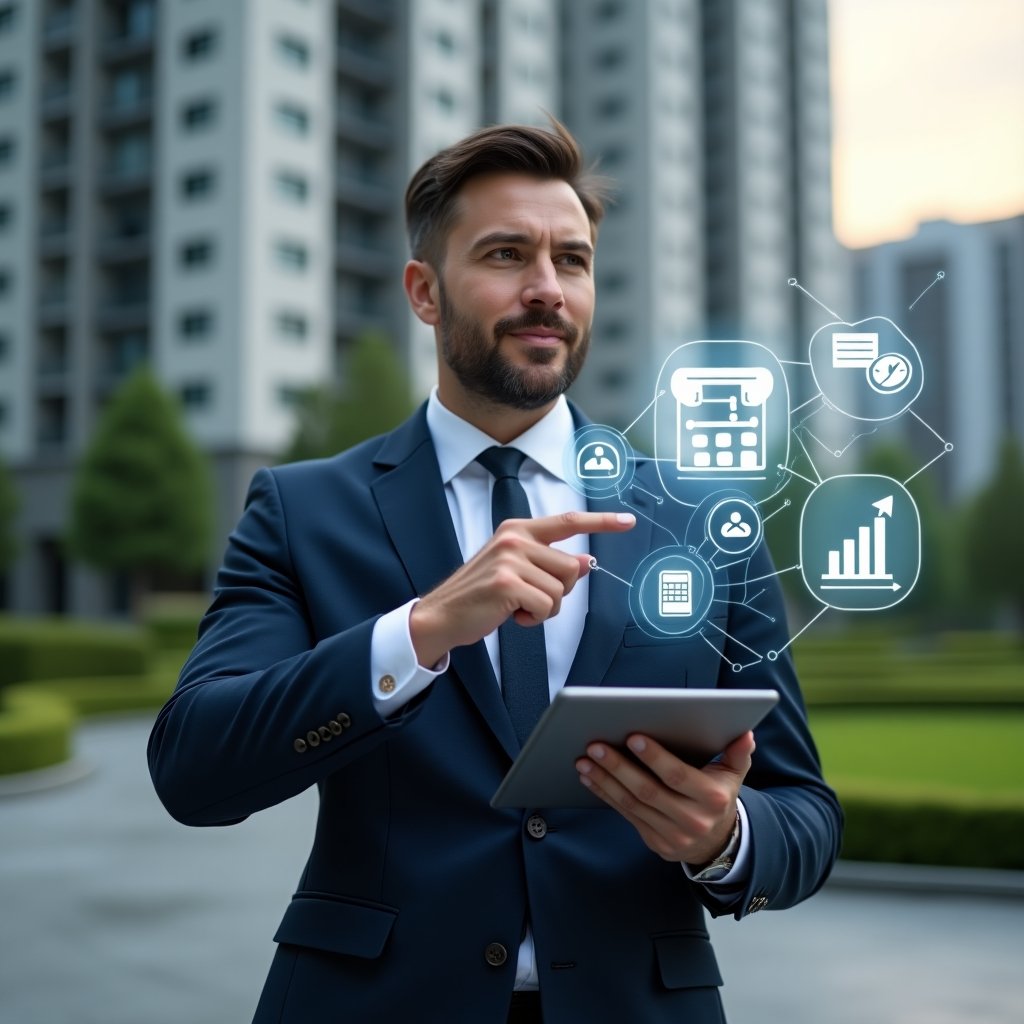 (Ultra-realistic condominium manager in a navy executive suit, set in a modern luxury condominium environment with high-rise buildings and manicured green landscaping, holding a tablet and pointing at floating holographic icons of calendar, finance chart and notifications to illustrate a management app, confident and focused expression, cinematic lighting, shallow depth of field, highly detailed textures, realistic skin, photographic realism, 8k resolution --ar 1:1 --v 6)