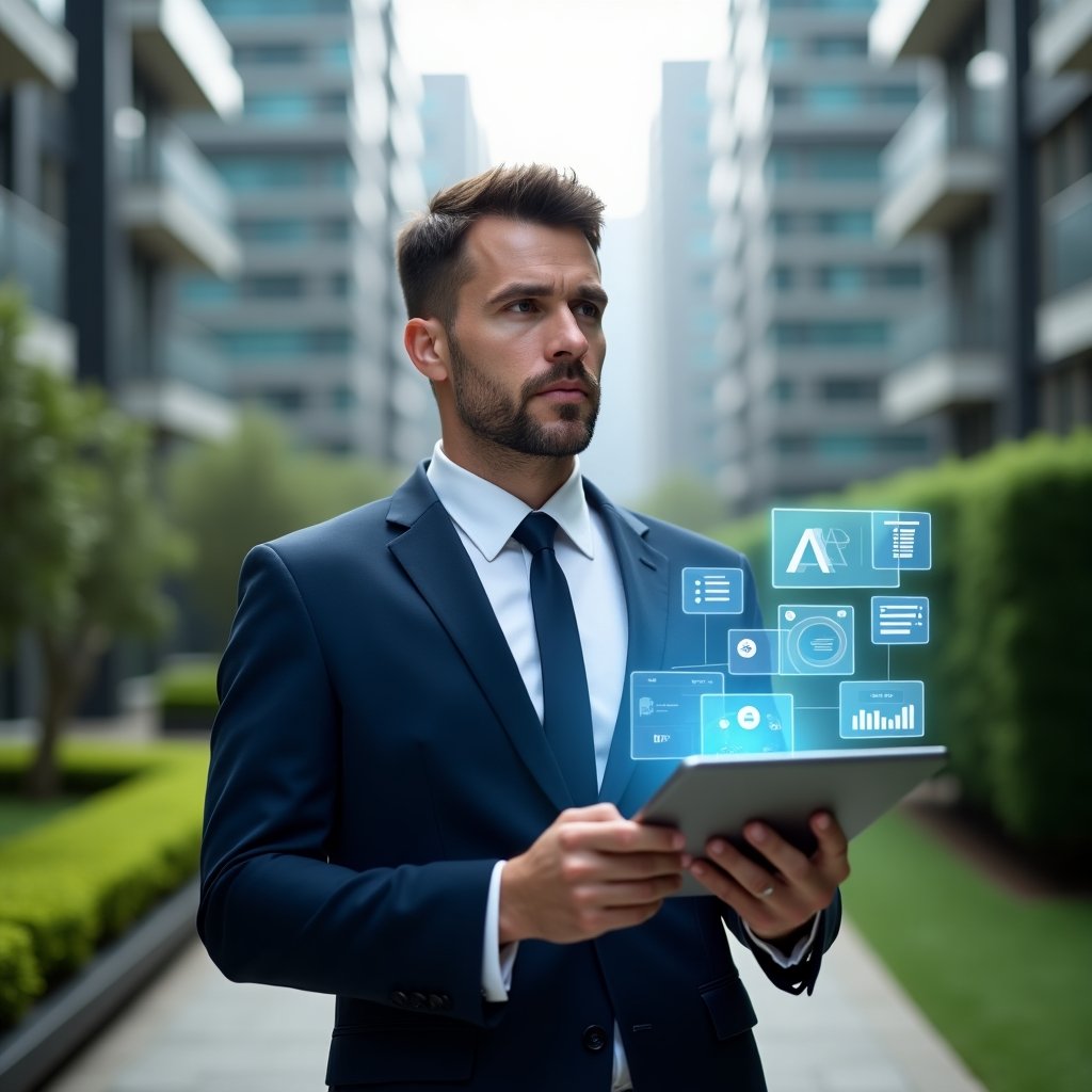 Ultra-realistic condominium manager in a dark blue tailored suit, set in a modern luxury condominium environment with high-rise buildings and manicured green landscaping, holding a tablet with a holographic apartment management dashboard, confident and thoughtful expression, floating icons of notifications, access logs and financial charts around them, cinematic lighting, shallow depth of field, highly detailed textures, realistic skin, photographic realism, 8k resolution --ar 1:1 --v 6