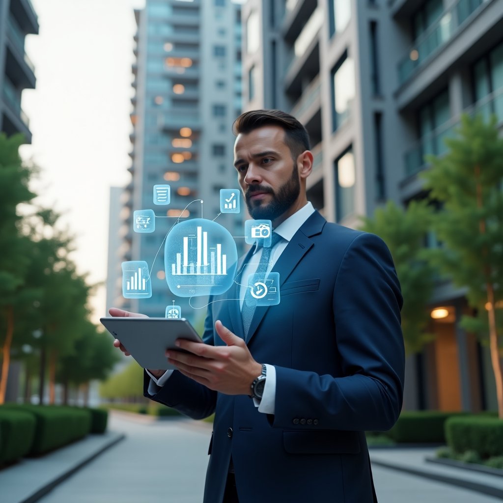 Ultra-realistic condominium manager in a dark blue tailored suit, set in a modern luxury condominium environment with high-rise buildings and well-maintained green landscaping, holding a tablet and confidently interacting with a floating holographic dashboard showing documents and financial graphs, symbolic digital icons of a building, clock and cost savings surrounding them, cinematic lighting, shallow depth of field, highly detailed textures, realistic skin, photographic realism, 8k resolution --ar 1:1 --v 6