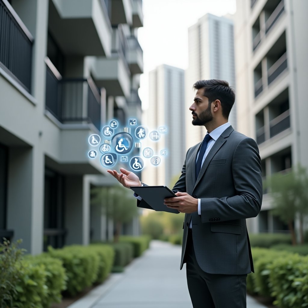 Ultra-realistic building manager in a charcoal gray suit, set in a modern luxury condominium environment with high-rise buildings and manicured green landscaping, confidently pointing at an accessible ramp while holding a digital tablet projecting holographic accessibility icons, cinematic lighting, shallow depth of field, highly detailed textures, realistic skin, photographic realism, 8k resolution --ar 1:1 --v 6
