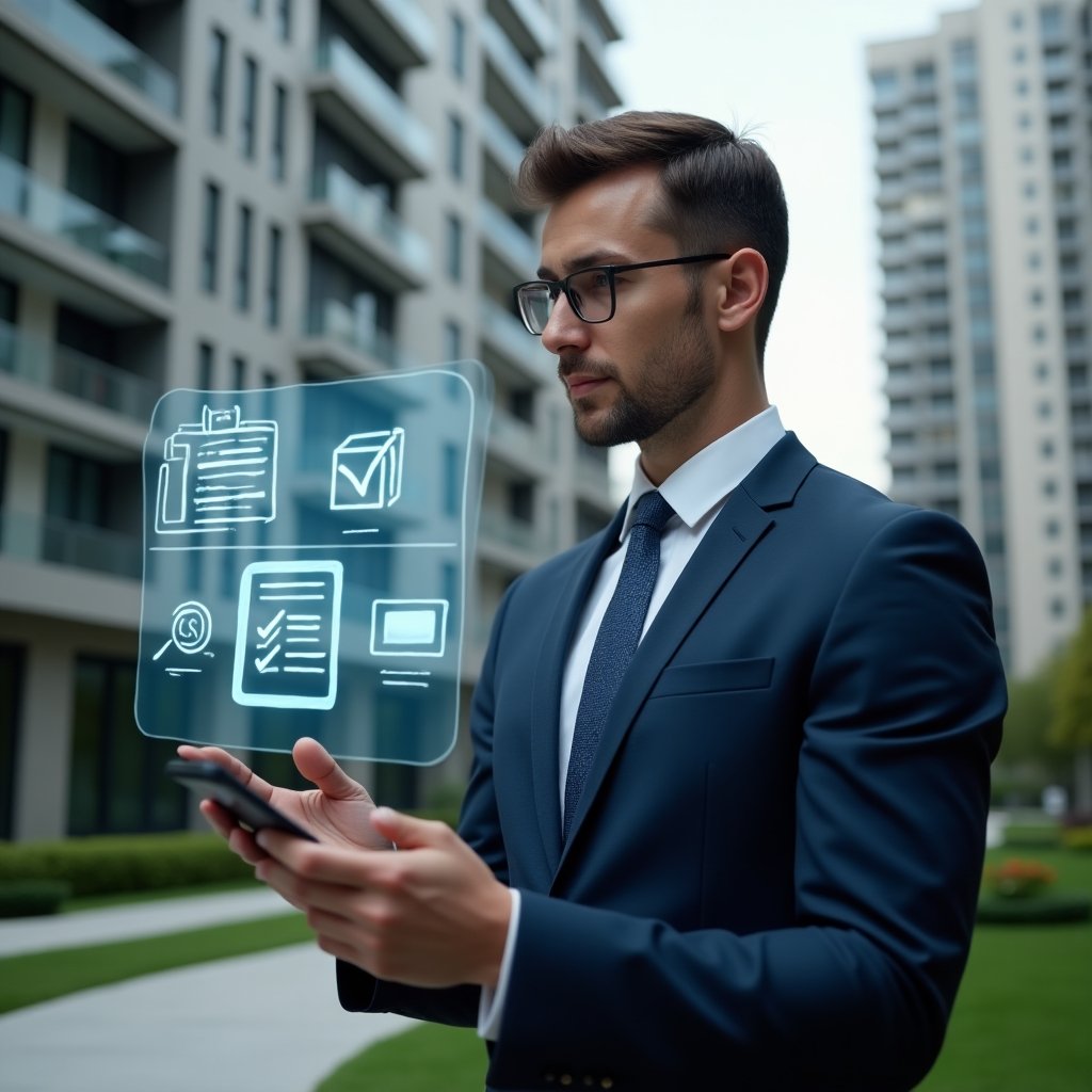 (Ultra-realistic condominium manager in a sleek navy suit, set in a modern luxury condominium environment with high-rise buildings and manicured green landscaping, interacting with a floating holographic checklist and digital contract icons, confidently reviewing automated inspection reports via a transparent touchscreen interface, cinematic lighting, shallow depth of field, highly detailed textures, realistic skin, photographic realism, 8k resolution --ar 1:1 --v 6)