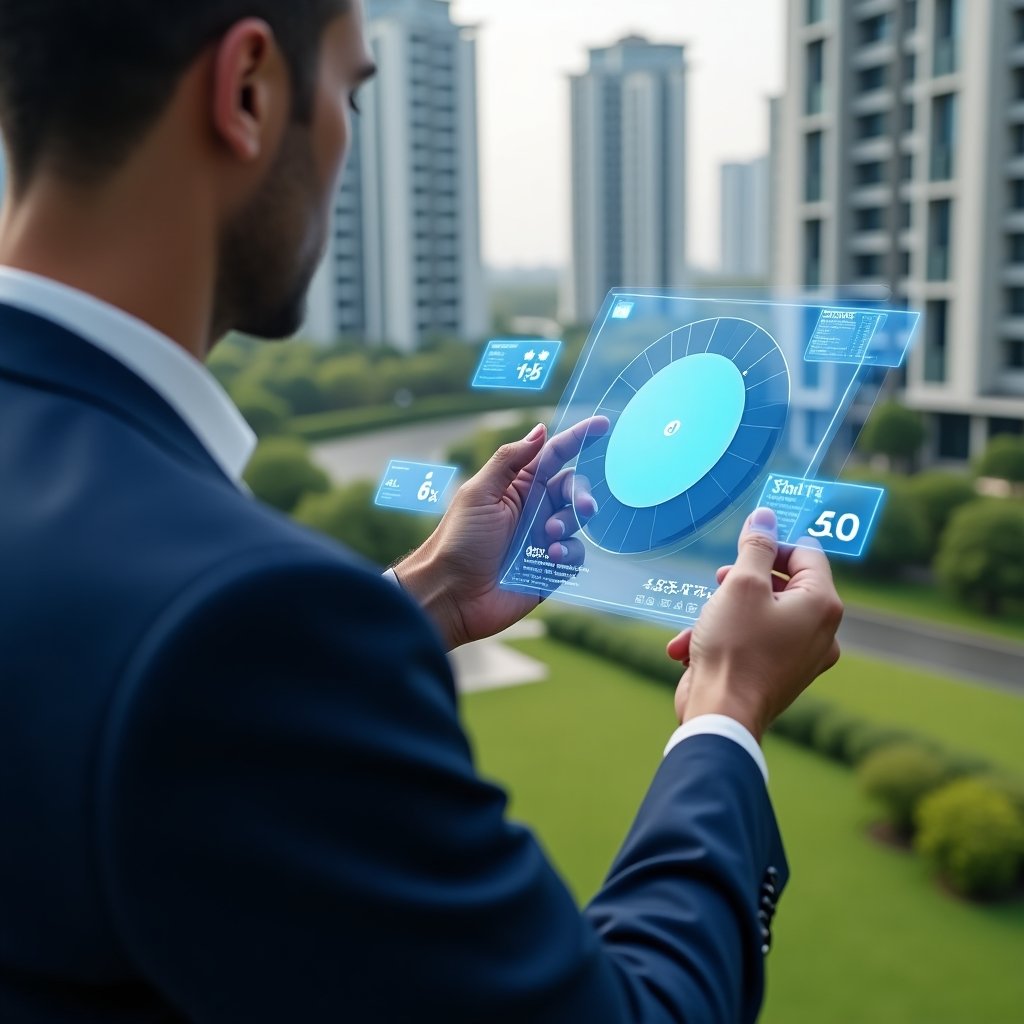 Ultra-realistic condominium manager in a navy blue suit, set in a modern luxury condominium environment with high-rise buildings and manicured green landscaping, thoughtfully examining a holographic pie chart displaying unit fractions and financial data, with floating holographic voting icons and digital ledgers around them, cinematic lighting, shallow depth of field, highly detailed textures, realistic skin, photographic realism, 8k resolution --ar 1:1 --v 6
