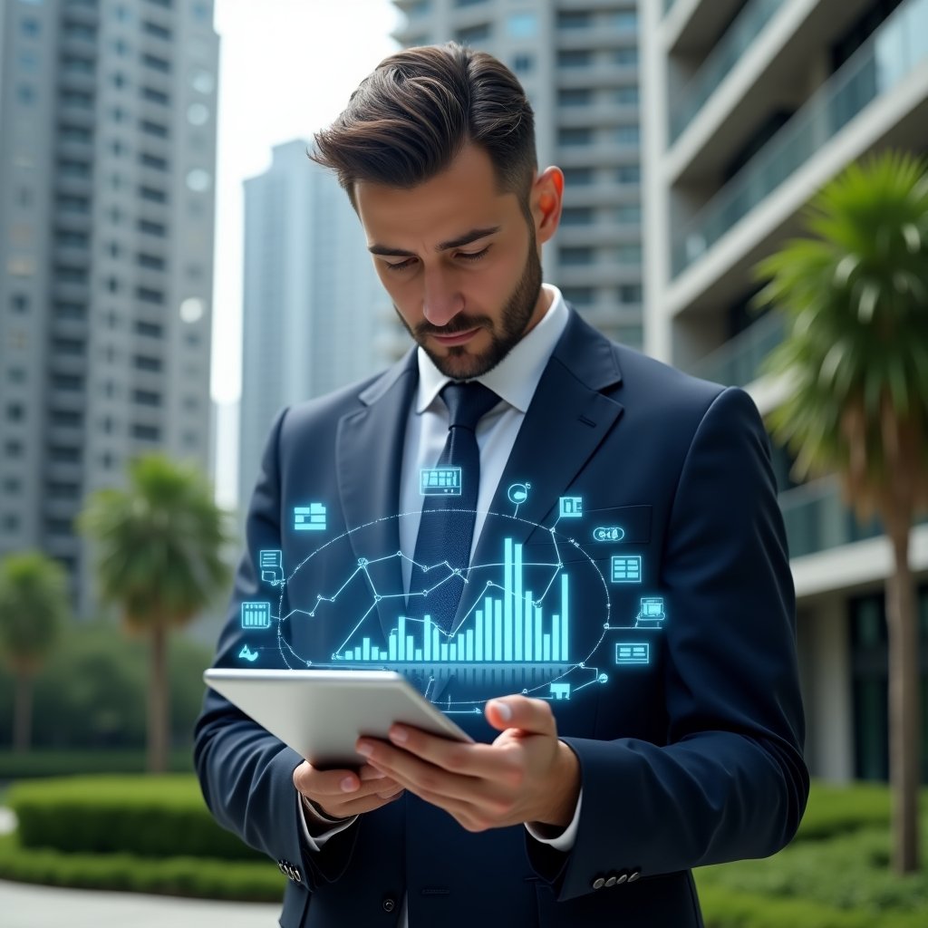 (Ultra-realistic condominium manager in a tailored navy suit, set in a modern luxury condominium environment with high-rise buildings and manicured green landscaping, reviewing holographic financial charts projected from a transparent tablet, floating icons of digital reports and graphs encircling them, confident and focused expression, cinematic lighting, shallow depth of field, highly detailed textures, realistic skin, photographic realism, 8k resolution --ar 1:1 --v 6)