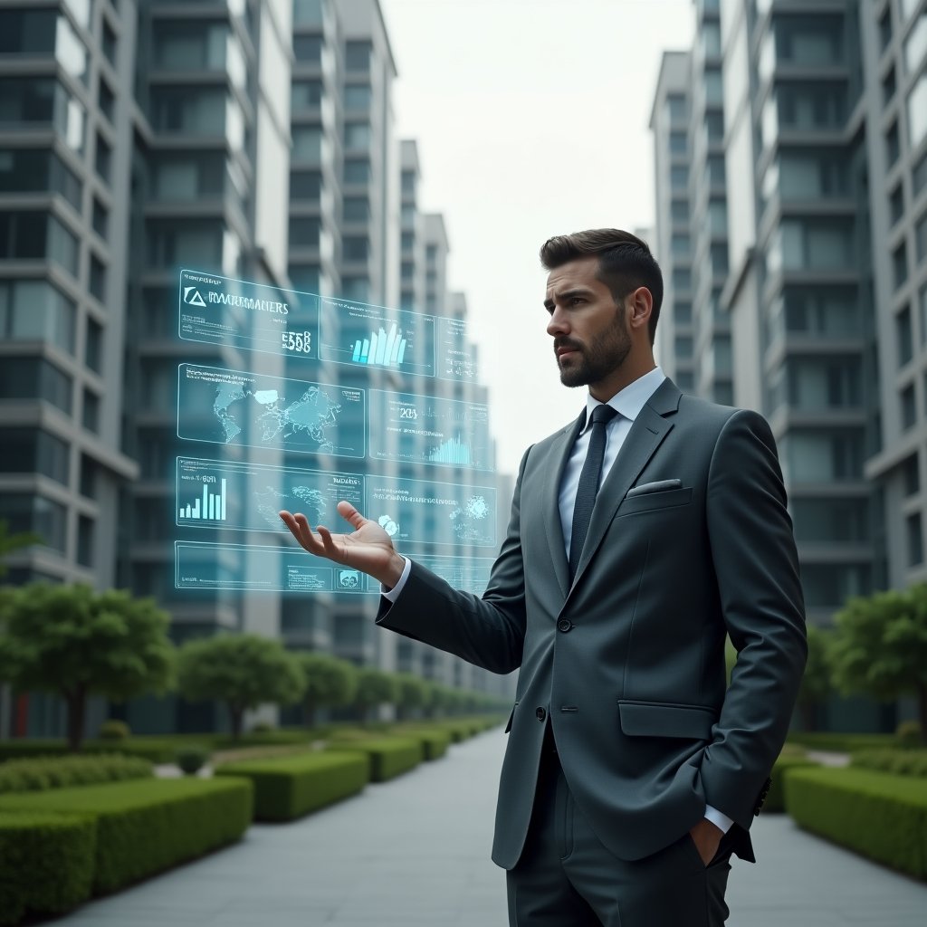 (Ultra-realistic condominium manager in a charcoal gray suit, set in a modern luxury condominium environment with high-rise buildings and manicured green landscaping, standing confidently in a medium shot while interacting with a floating holographic dashboard of expense reports and approval icons, digital currency symbols and bar charts glowing beside them, cinematic lighting, shallow depth of field, highly detailed textures, realistic skin, photographic realism, 8k resolution --ar 1:1 --v 6)