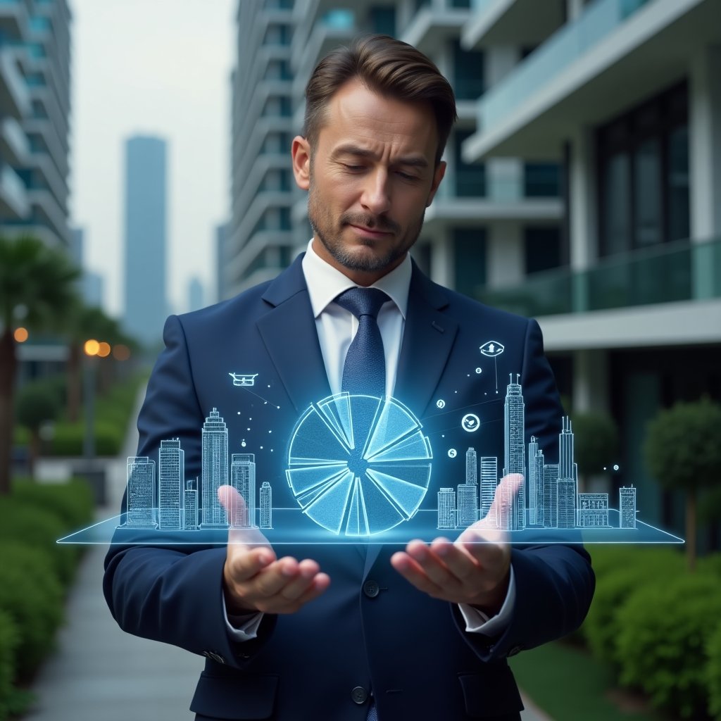 (Ultra-realistic condominium manager in a navy-blue suit, set in a modern luxury condominium environment with high-rise buildings and lush green landscaping, analyzing a holographic 3D pie chart representing ideal fractional shares of units, with floating building models and digital icons around, confident and focused expression, cinematic lighting, shallow depth of field, highly detailed textures, realistic skin, photographic realism, 8k resolution --ar 1:1 --v 6)