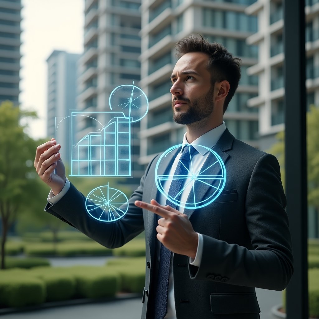 Ultra-realistic condo manager in a dark gray executive suit, set in a modern luxury condominium environment with high-rise buildings and lush green landscaping, analyzing a floating holographic pie chart and 3D floor plans that represent unit fractions, confident and focused expression, cinematic lighting, shallow depth of field, highly detailed textures, realistic skin, photographic realism, 8k resolution --ar 1:1 --v 6