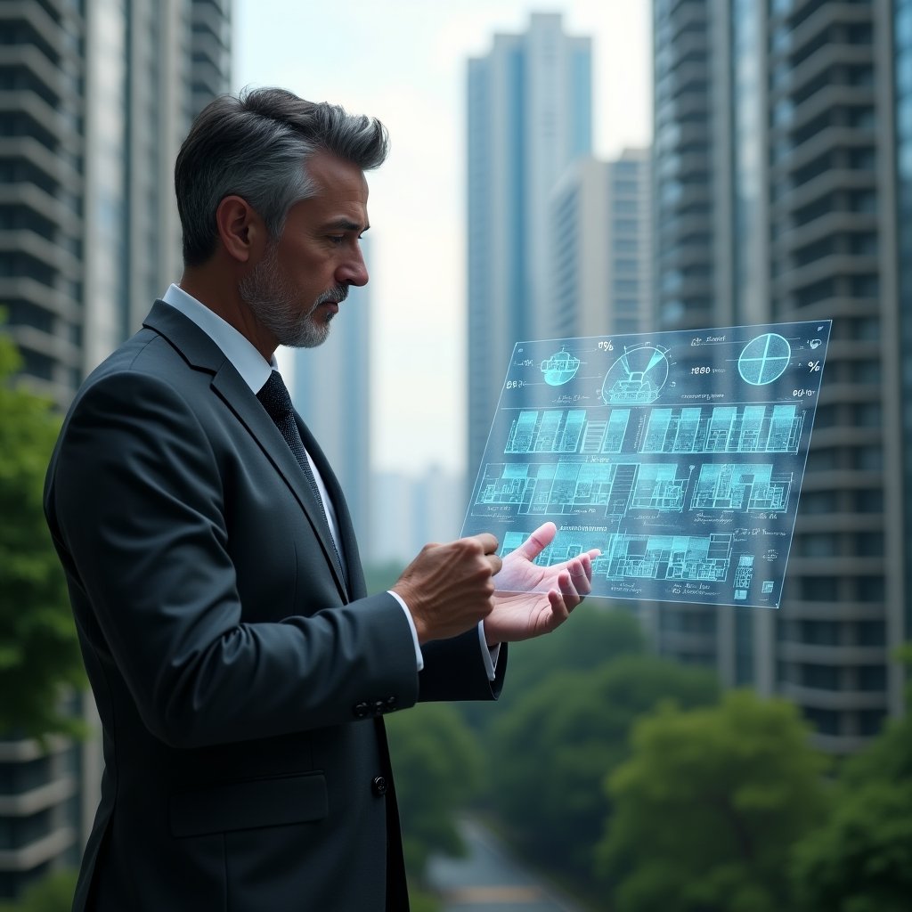 (Ultra-realistic condominium manager in a charcoal gray executive suit, set in a modern luxury condominium environment with high-rise buildings and meticulously landscaped greenery, examining a floating holographic blueprint of apartment layouts with highlighted fraction percentages, confident and focused expression, holographic pie-chart segments and mathematical icons surrounding the hologram, cinematic lighting, shallow depth of field, highly detailed textures, realistic skin, photographic realism, 8k resolution --ar 1:1 --v 6)