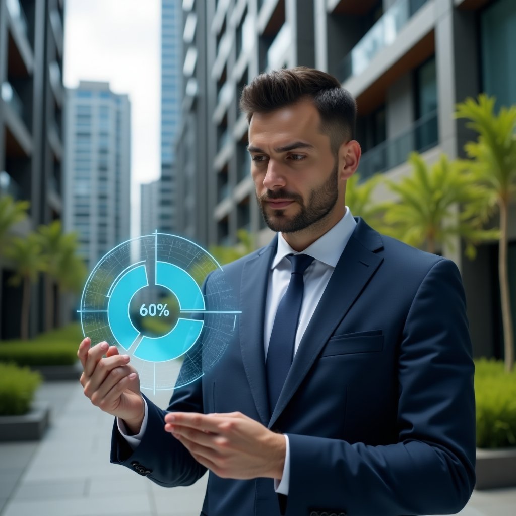 Ultra-realistic condominium manager in a dark blue suit, standing in a modern luxury condominium courtyard with high-rise buildings and manicured green landscaping, holding a transparent holographic pie chart showing fractional shares, examining data with a thoughtful, confident expression, cinematic lighting, shallow depth of field, highly detailed textures, realistic skin, photographic realism, 8k resolution --ar 1:1 --v 6