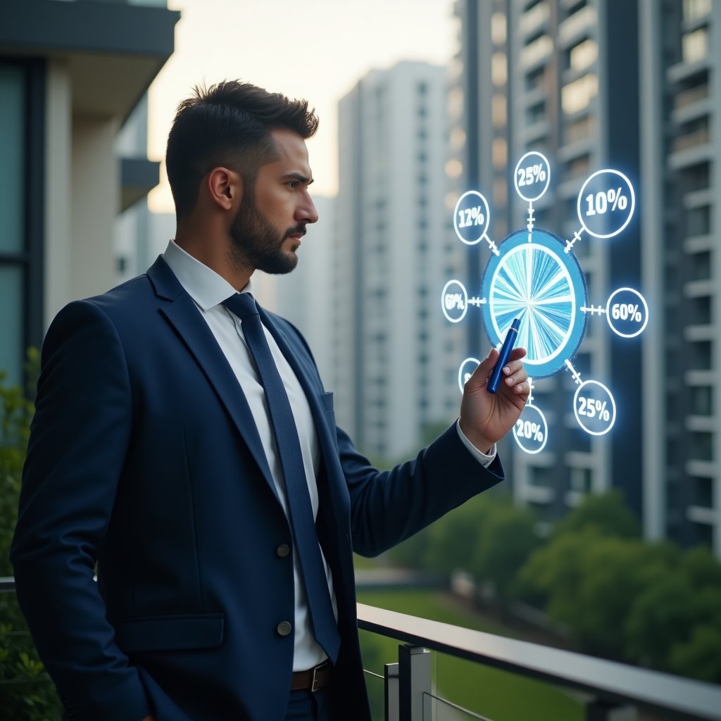 Ultra-realistic condominium manager in a tailored navy blue suit, set in a modern luxury condominium environment with high-rise buildings and green landscaping, analyzing a holographic pie chart of cost distribution floating before him, hand pointing at glowing fraction percentages with a digital pen, confident and focused expression, cinematic lighting, shallow depth of field, highly detailed textures, realistic skin, photographic realism, 8k resolution --ar 1:1 --v 6