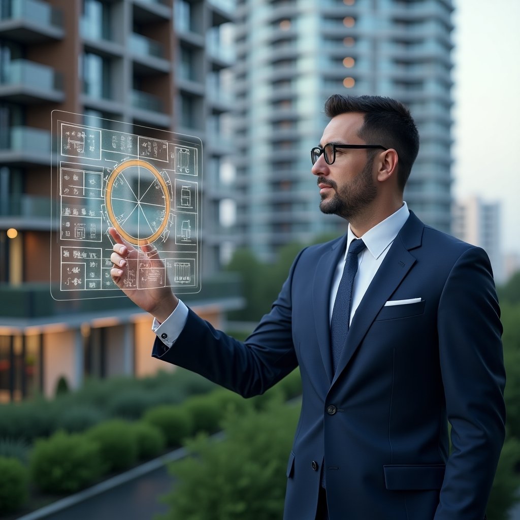Ultra-realistic condominium manager in a navy blue tailored suit, set in a modern luxury condominium environment with high-rise buildings and green landscaping, examining a holographic floor plan with fractional pie-chart overlay, pointing confidently at highlighted unit divisions to illustrate fair cost sharing, cinematic lighting, shallow depth of field, highly detailed textures, realistic skin, photographic realism, 8k resolution --ar 1:1 --v 6