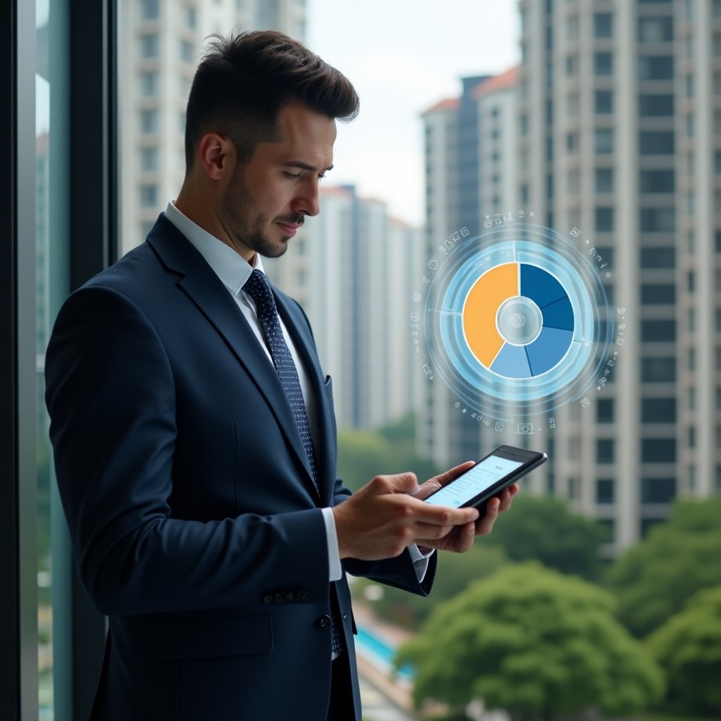 (Ultra-realistic condominium manager in a dark navy business suit, set in a modern luxury condominium environment with high-rise buildings and green landscaping, holding a tablet and examining a holographic pie chart representing unit fractions, a floating holographic floor plan beside them, confident and focused expression, cinematic lighting, shallow depth of field, highly detailed textures, realistic skin, photographic realism, 8k resolution --ar 1:1 --v 6)
