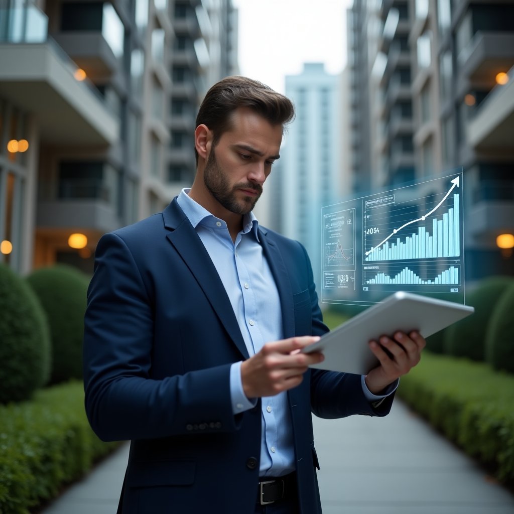 Ultra-realistic property manager in a navy suit, set in a modern luxury condominium environment with high-rise buildings and manicured green landscaping, reviewing a holographic budget chart floating above a digital tablet, confident and focused expression, holographic financial graphs and blueprint overlays symbolizing cost control and repair planning, cinematic lighting, shallow depth of field, highly detailed textures, realistic skin, photographic realism, 8k resolution --ar 1:1 --v 6